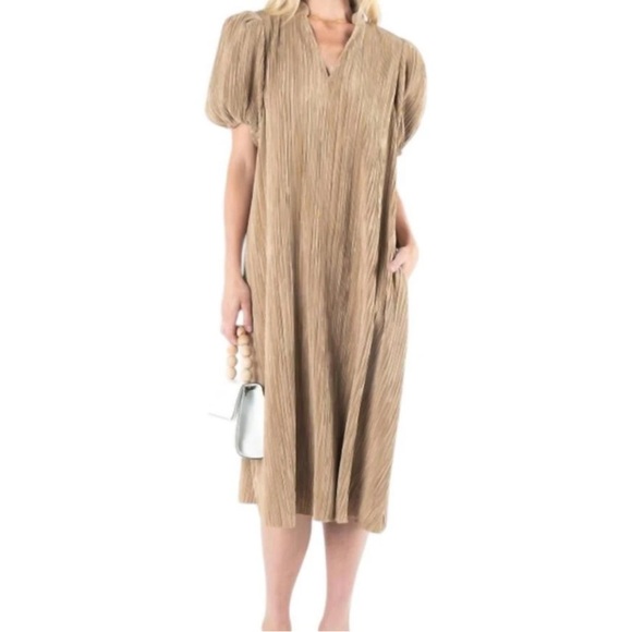Emily Mccarthy Dresses & Skirts - Emily McCarthy Women’s Hampton Dress In Lark Elegant Tan Pleated Dress New L